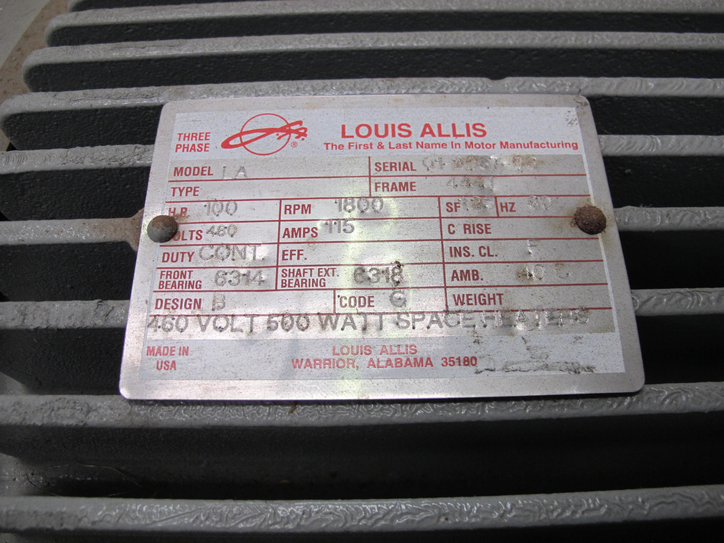 MOTOR, ELECTRIC TYPE, 100 HORSEPOWER, 460VAC 3 PHASE 60HZ ELEC RATING, 1800 RPM, 444T FRAME, 115 AMPS, TEFC ENCLOSURE, CONTINUOUS DUTY, 1.25 SERVICE FACTOR, 3-3/8" SHAFT. NEMA DESIGN-B SPACE HEATER, 500W, AT 480V NEMA CODE-G INSULATION CLASS-F HEAT-RISE 80 C OVER 40 C AMBIENT. KEY SLOT - 7/8 INCH (W-44) LOADING & HANDLING FEE $15-